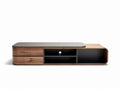 Modern walnut TV stand with storage shelves and black top 160 x 40 x 40cm