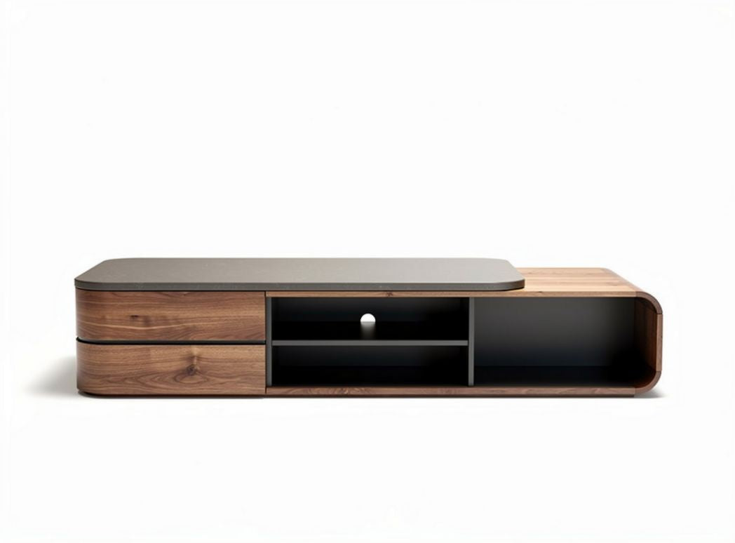Modern walnut TV stand with storage shelves and black top 160 x 40 x 40cm