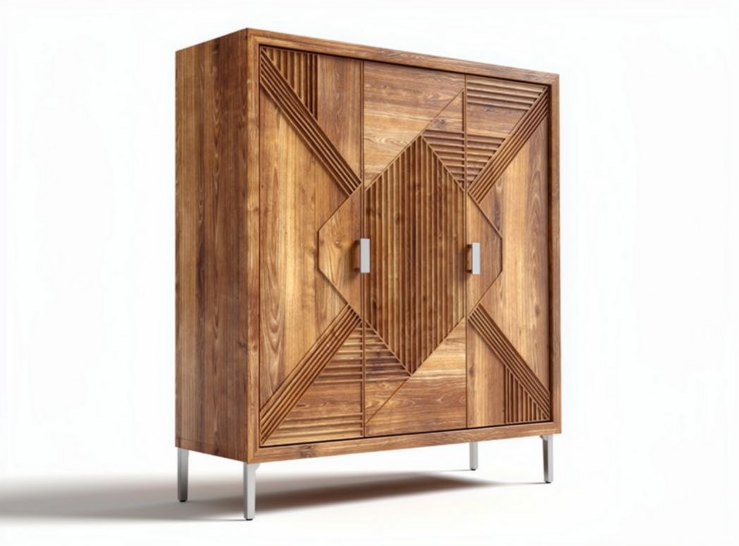 Wooden storage cabinet with geometric design and metal legs 90 x 40 x 120cm