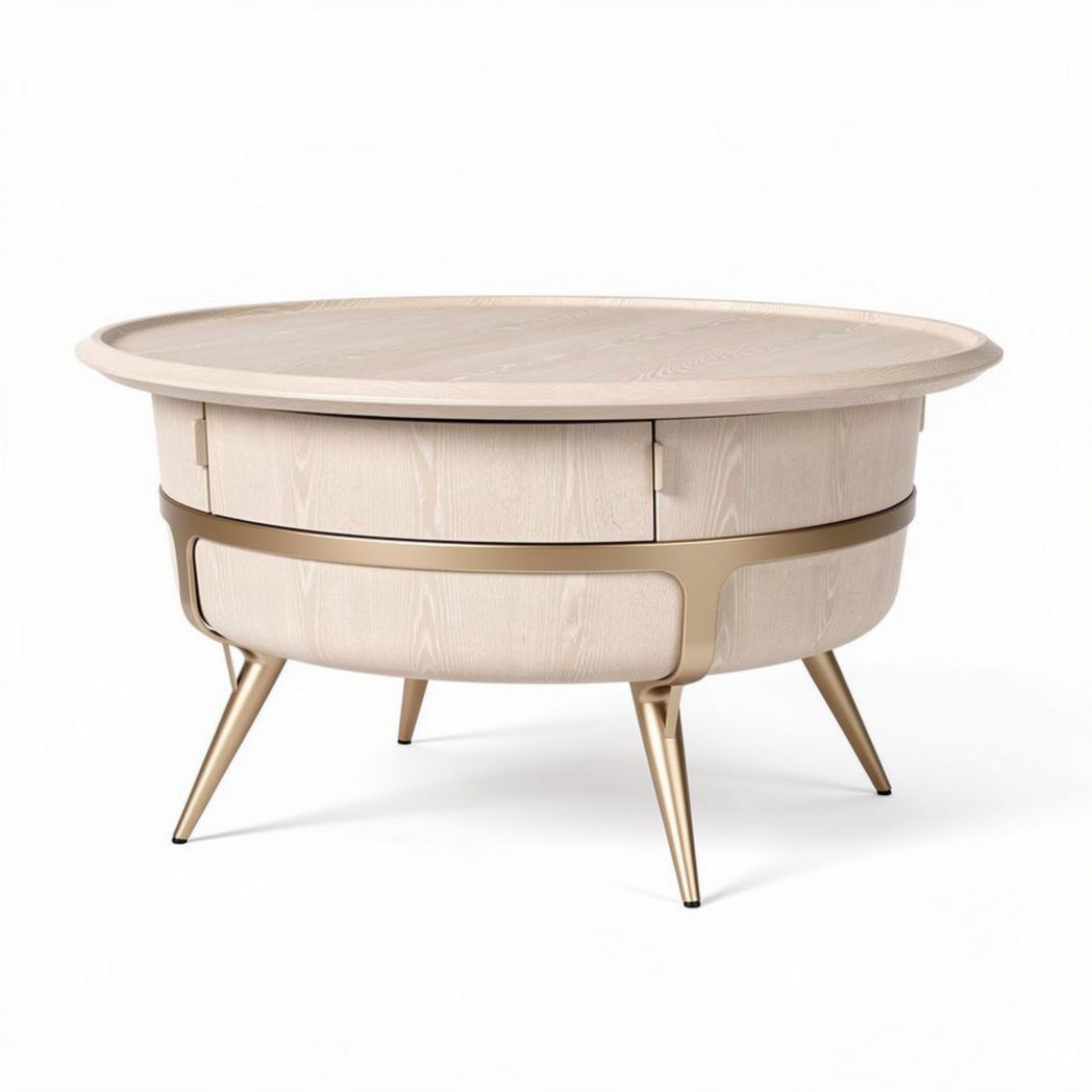 Round wooden coffee table with gold metal legs 80 x 80 x 40cm