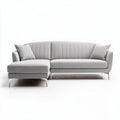 L-shaped grey fabric sectional sofa with metal legs and two throw pillows