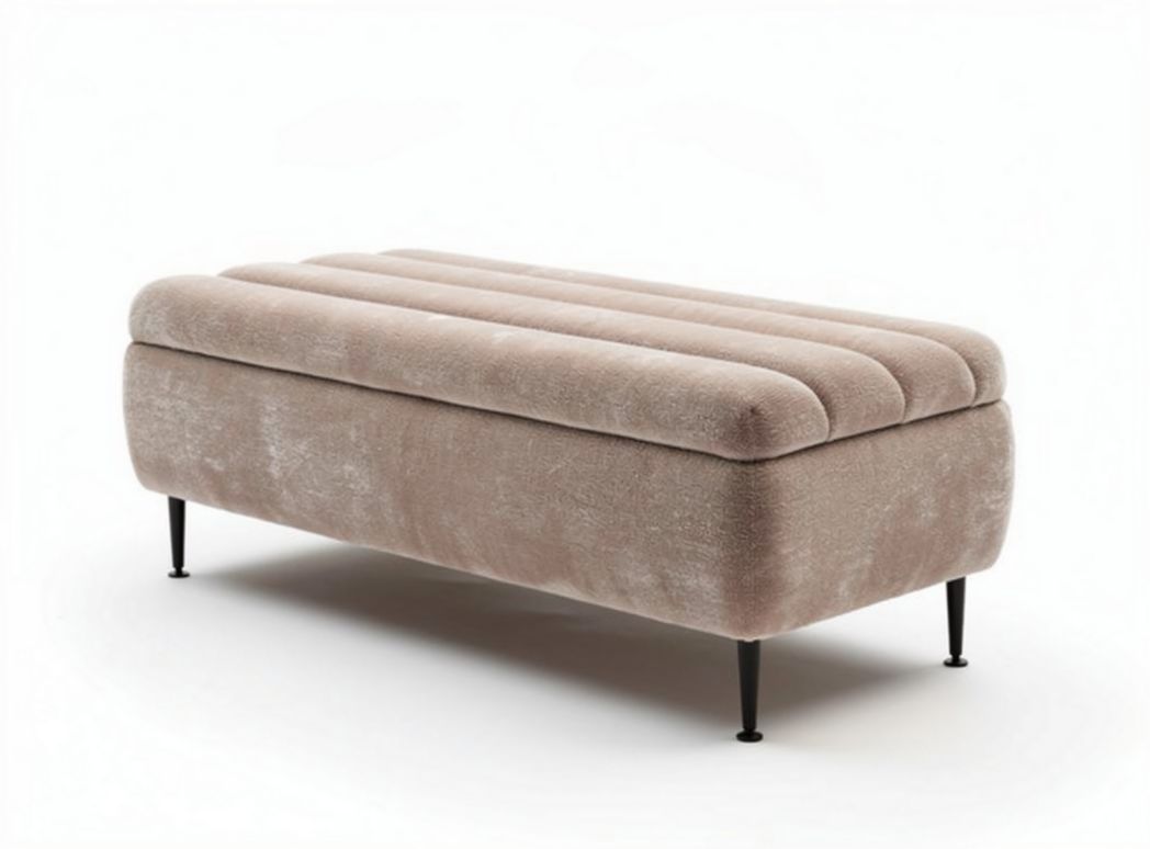 Upholstered storage bench in beige fabric with metal legs 120 x 60 x 45cm