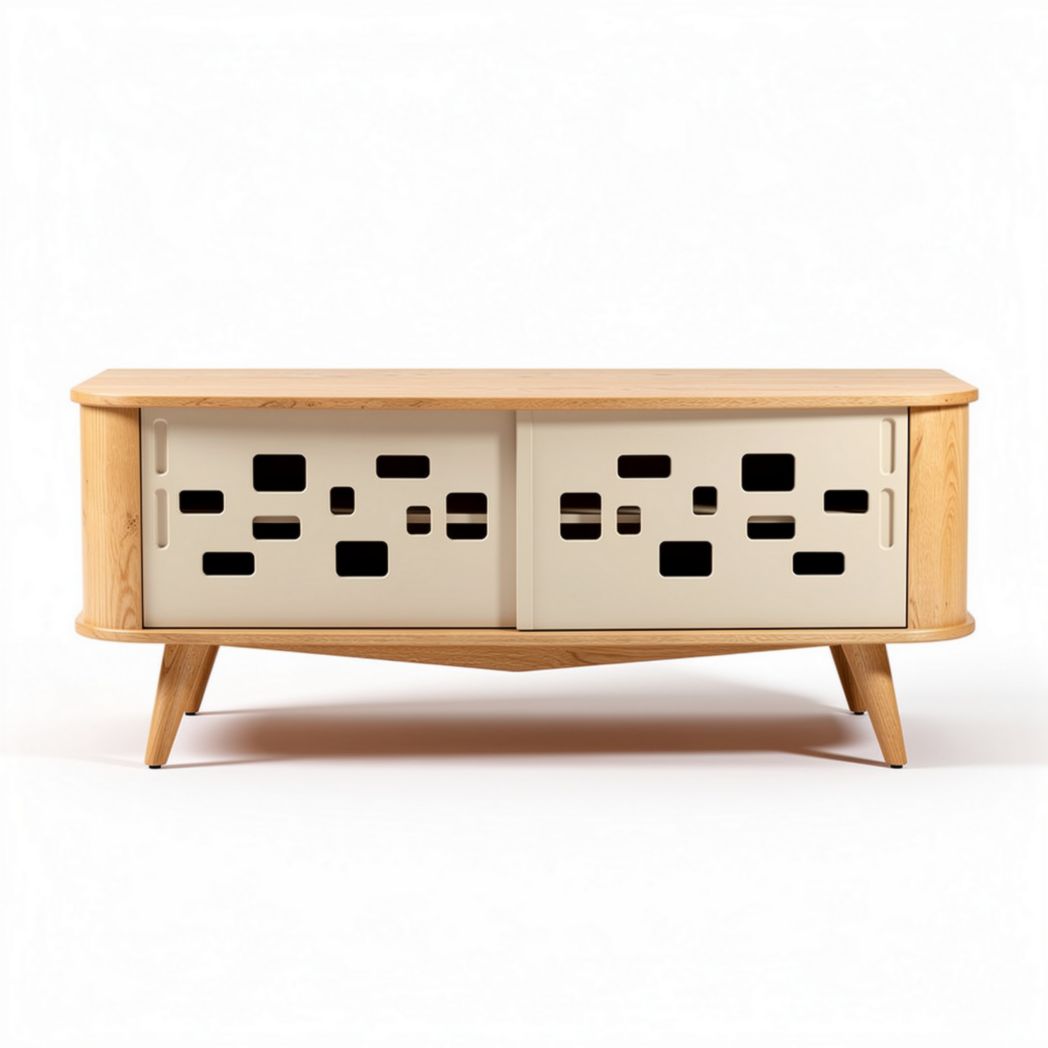 Modern wooden TV stand with sliding doors in natural finish 150 x 40 x 60cm