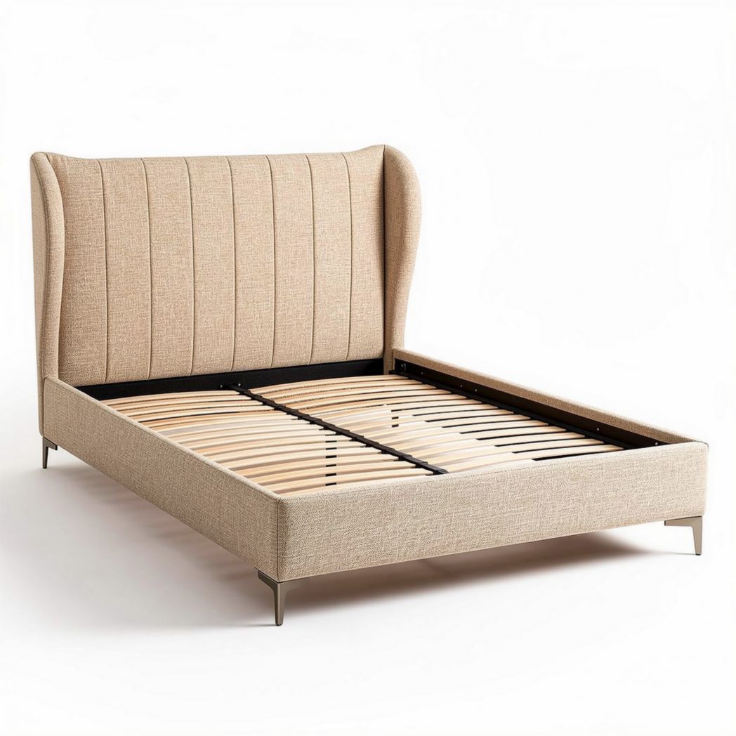 Fabric upholstered bed frame with wooden slats and beige finish 200 x 160 x 100cm